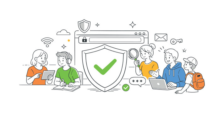 A online privacy awareness and safe browsing habits scene showing users learning protective behaviors together around a large shield and a simple browser window, using the shield