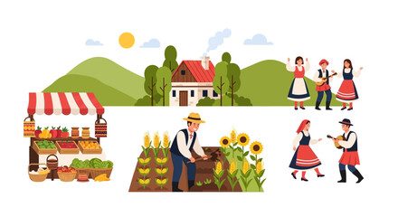 Naklejka premium Idyllic Rural Life: Farm Work, Bountiful Market, and Joyful Folk Dance in a Traditional Village Setting