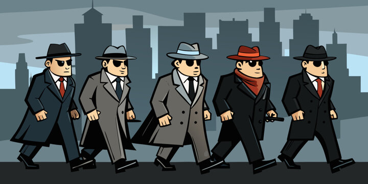 Mafia Hitman Group Men in Hats and Coats Walking Away From City Silhouettes Shadow Background Illustration
