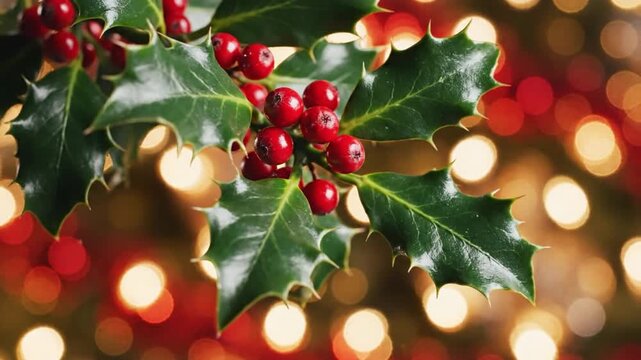 A festive holly branch with red berries against a backdrop of colorful Christmas lights in a video showcasing holiday decorations.