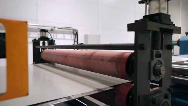 The process of operation of a sheet-rolling machine at the enterprise. Close-up shooting