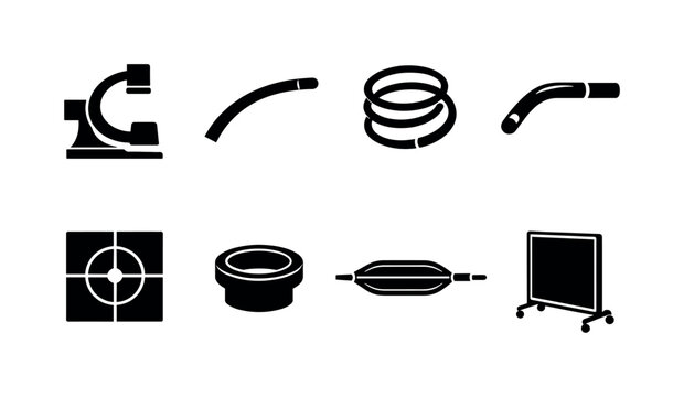 Interventional radiology procedures: fluoroscopy C-arm arc, vascular guidewire curve, embolization coil spiral, contrast catheter tip, image navigation target grid, sheath