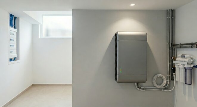 Lithium battery storage system installed on gray wall with pipes and wires