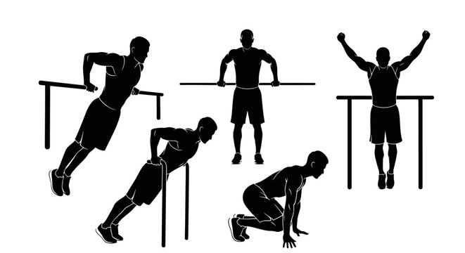 Silhouette of a man performing calisthenics exercises on parallel bars and ground