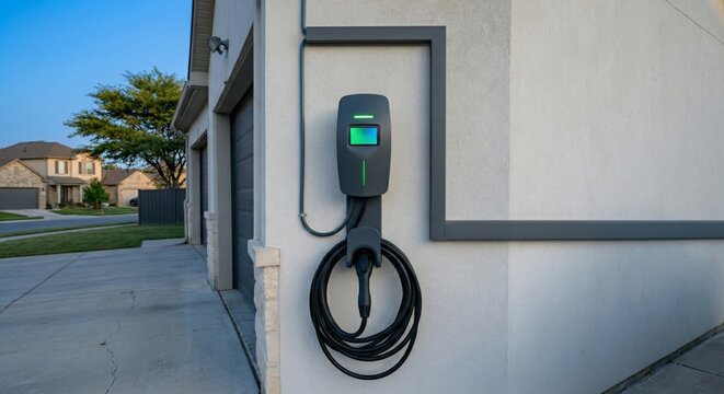 Electric vehicle charger installed on residential building exterior wall with green indicator light