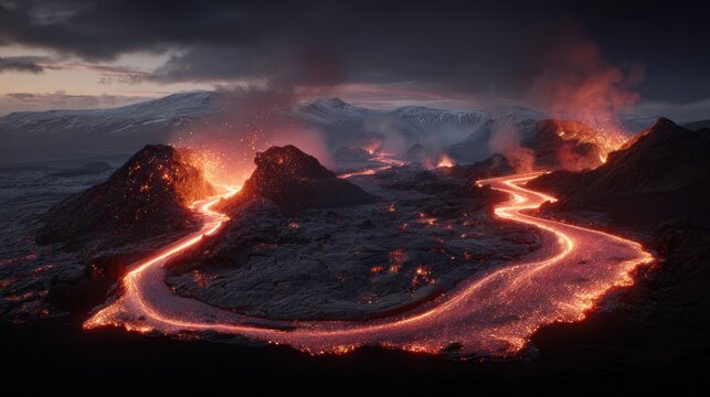 A breathtaking volcanic landscape at twilight, with molten lava flowing into the ocean and mountains in the background. The sky is painted with a mix of dark and light hues.