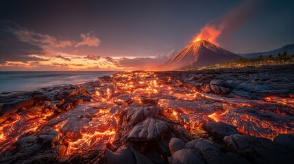 Fototapeta premium A breathtaking view of a volcano erupting lava into the ocean at sunset, with lava flowing into the sea and rocks illuminated by the setting sun.