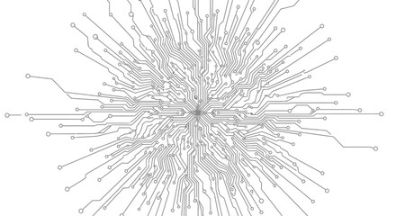 Obraz premium Abstract circuit board pattern radiating outwards, depicting a complex electronic network and digital connections on a white background.