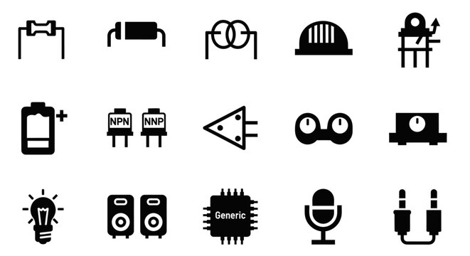 A collection of black and white icons representing various electronic components and related technology items.