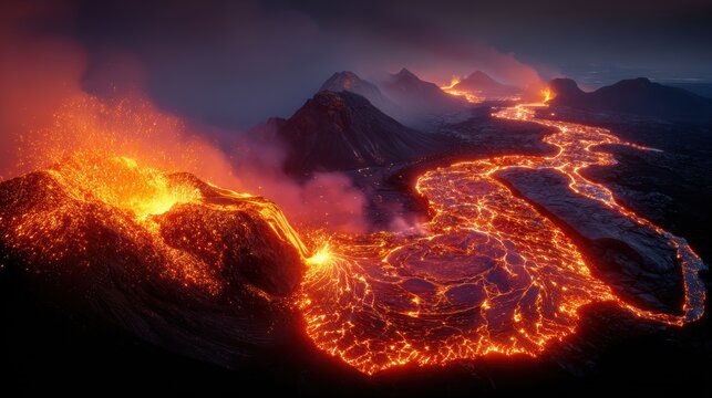 A breathtaking volcano eruption at night, with molten lava flowing into the ocean and mountains in the background.