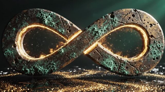 Glowing infinity symbol made of stone or metal with a dark background and gold sparkles