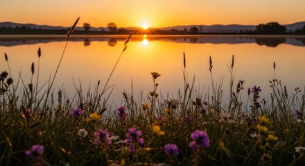 Obraz premium Tranquil sunrise over calm lake silhouetted mountains vibrant sky reflections