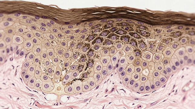 Human skin epidermis showing melanin gradient distribution in histology