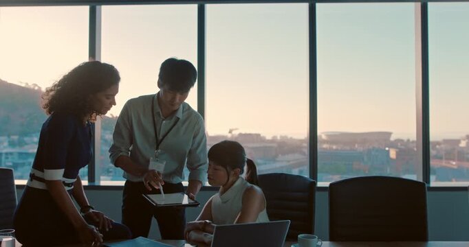 Team, discussion and people with tablet in meeting, online and planning for ad budget with research. Business, publicist and group with tech for pr assignment, collaboration and scroll with stylus