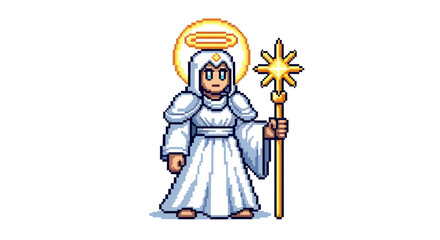 Obraz premium Pixel Art Angel Character Holding a Star Staff.