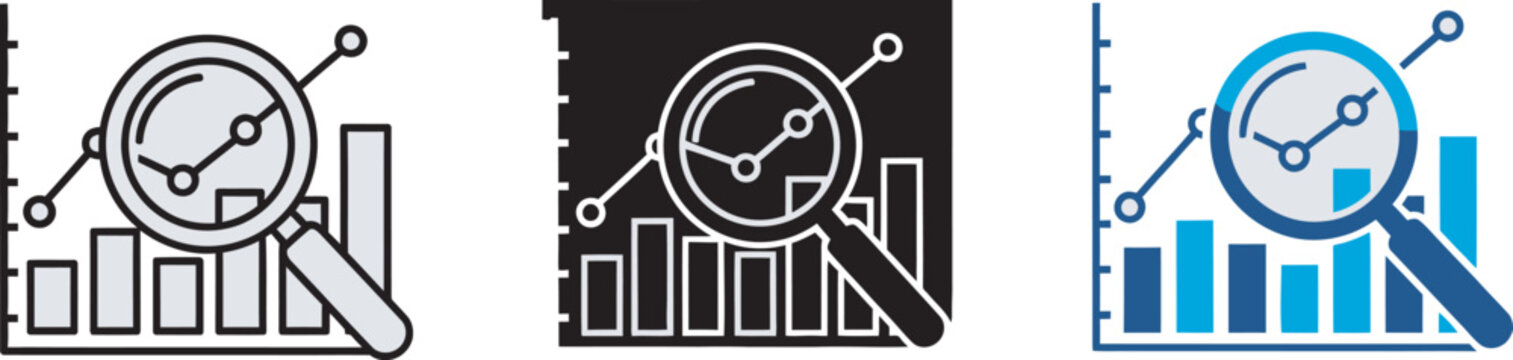 Three magnifying glass icons for data analysis and statistics