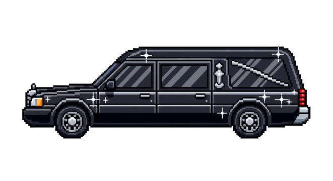 Pixel Art Black Hearse Vehicle Illustration.