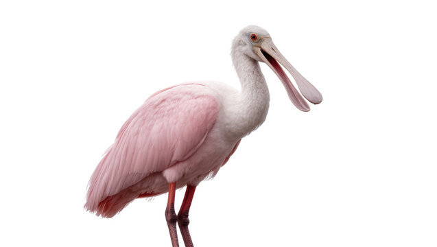 Roseate Spoonbill standing with open bill, showcasing its unique pink feathers and elegant form