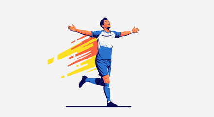 Fototapeta premium A male soccer player in a blue and white uniform celebrates a goal with outstretched arms and a joyful expression, depicted with dynamic streaks.