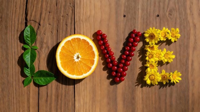 Colorful fruits and flowers spell love