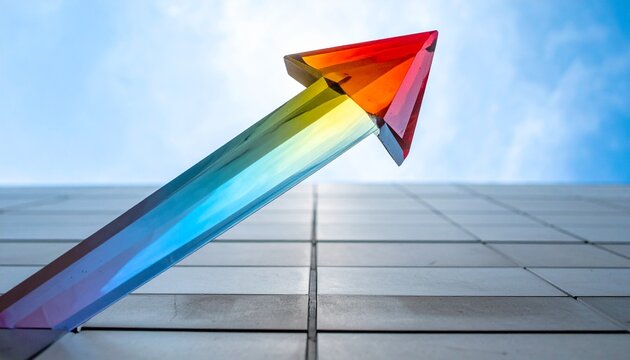 Abstract rainbow arrow rising upwards against a clear blue sky with a modern building in the background, symbolizing growth and success
