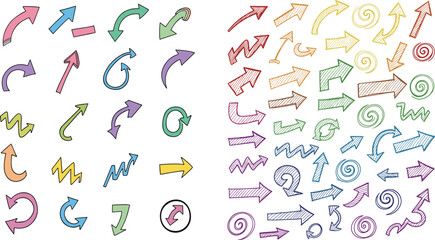 Obraz premium Hand Drawn Arrow Icons Vector Set with Colorful Direction Signs, Curved Arrows, Doodle Style Navigation Elements Collection