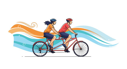 Fototapeta premium Happy couple wearing helmets riding a red tandem bicycle along a path with colorful abstract wind or waves in the background.
