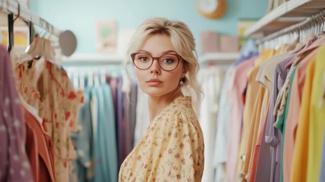 Fashionable woman exploring vintage clothing rack in boutique store