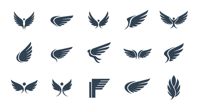 Collection of different black wing and flight themed logo icons and symbols showing various shapes from stylized birds to simple feathers.