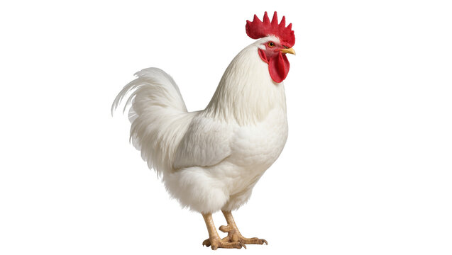 Vibrant white farm rooster with striking red comb and wattles standing proud and alert
