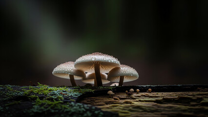 Fototapeta premium Mushroom Group with Dew Drops Glowing Subtly on a Mossy Log in a Dark Natural Forest Environment