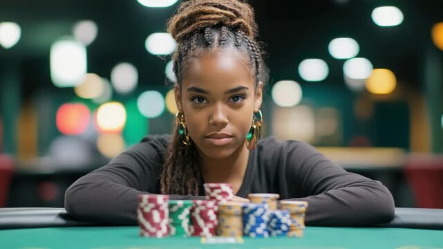 Confident gambler strategizes poker game with determination