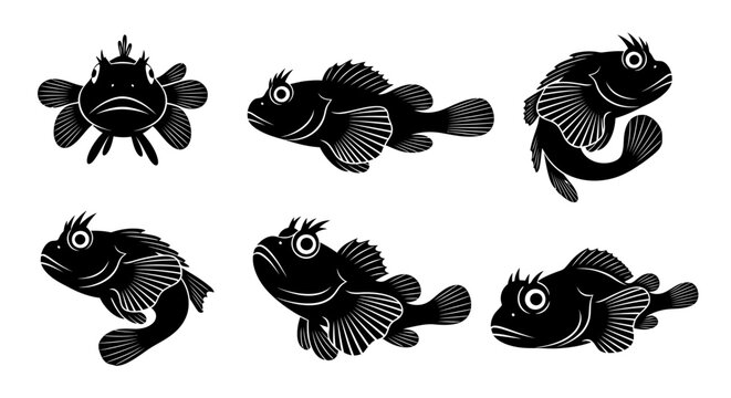 Set of six black silhouettes of a sculpin fish in different poses on a white background