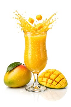Close-up studio shot of Alphonso mango juice in a tall glass with dynamic splash, whole mango, and cut mango cubes on white background. Perfect for beverage ads and product branding.