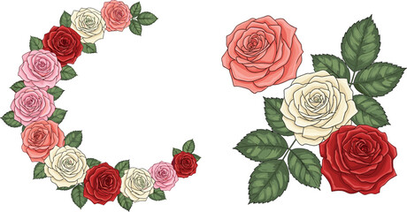 Naklejka premium Rose Flower Decoration Vector Set with Floral Wreath, Red and White Roses, Botanical Elements and Romantic Design Collection