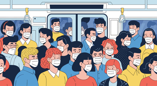 Crowd of diverse people wearing medical face masks inside a subway train car for safety and health protection during a public health emergency.