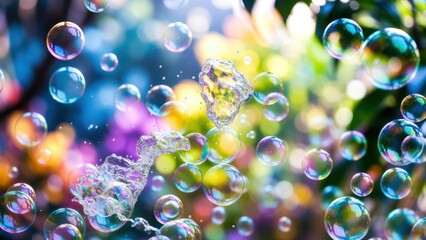 Naklejka premium Floating bubbles shimmer in vibrant, colorful light