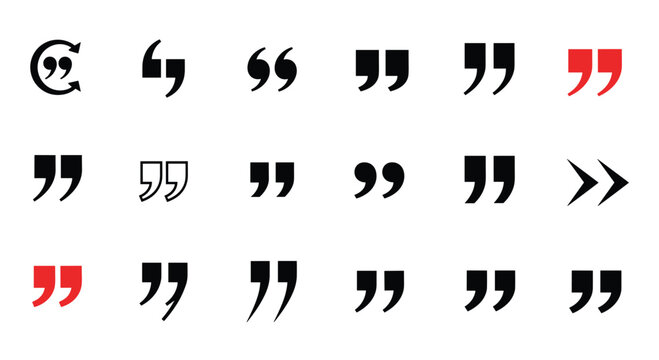 Collection of various quotation mark symbols in black and red styles including double, single, and decorative curly brackets for typography design.