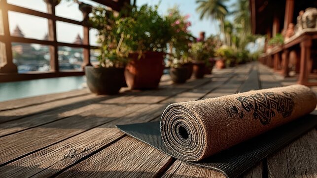 Eco-friendly mat rolled on wooden terrace under sunlight symbolizing practice readiness