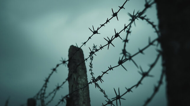 Old barbed wire on poles. illustration on the theme of protection, danger, and territory.	

