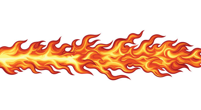 Horizontal stream of bright orange and yellow fire flames with detailed wisps on a plain white background for design.