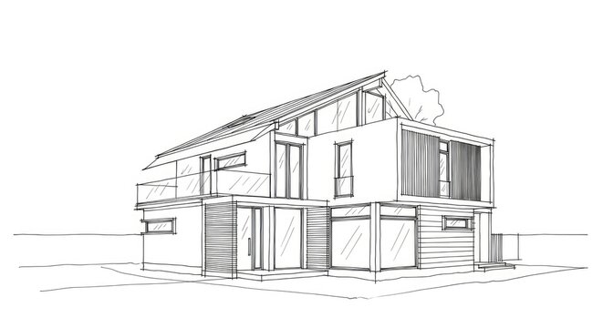 Architectural sketch of a modern house with geometric design and large windows