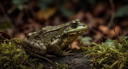 Obraz premium green frog resting on mossy rock in a natural habitat.