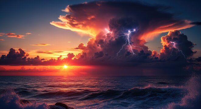 Dramatic sunset over ocean with stormy clouds and lightning striking