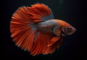 Fototapeta premium stunning vibrant orange betta fish in dark water, detailed side view.