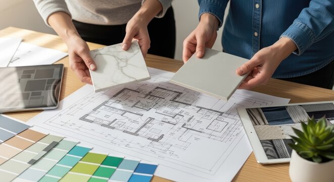 Hands selecting tile samples over architectural plans design concept