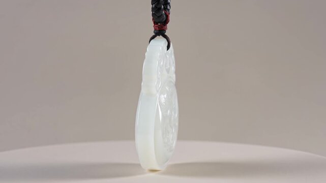 A close-up view of a white jade pendant suspended from a black cord on a white surface.