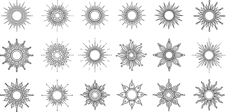 Decorative Sun and Mandala Icons Set Featuring Radiant and Intricate Sun Designs
