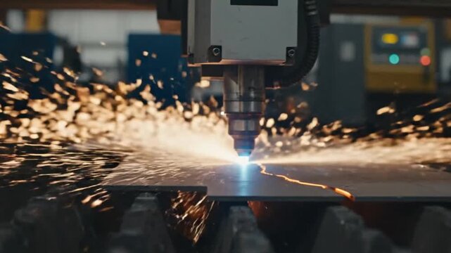 A closeup of a welding or cutting machine in action with sparks flying everywhere in an industrial setting