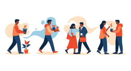 Fototapeta premium Everyday Life Illustrations: Diverse People, Coffee, Business & Social Interactions